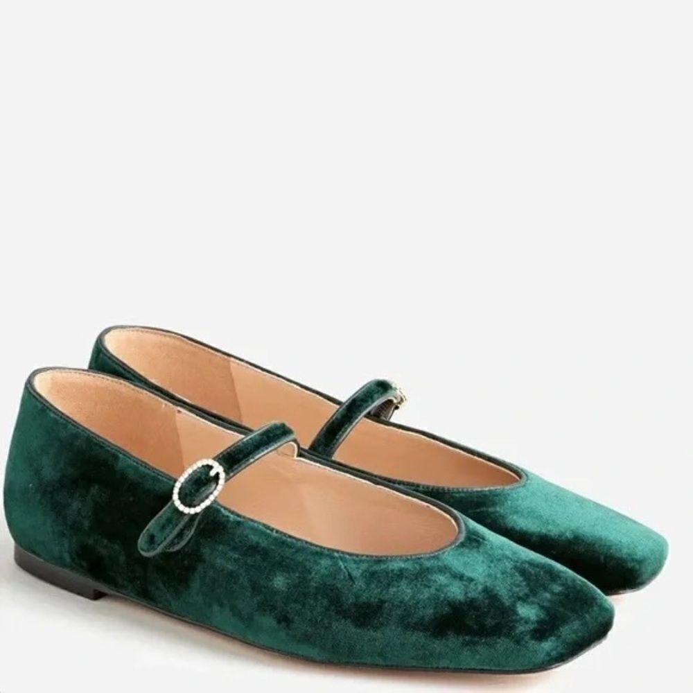 J Crew Anya Mary Jane Flats in Emerald Velvet NIB - Picture 2 of 9